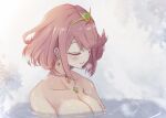  1girl bathing bob_cut breath closed_eyes closed_mouth collarbone commentary_request core_crystal_(xenoblade) earrings eyelashes highres jewelry medium_hair necklace partially_submerged pyra_(xenoblade) red_hair ripples smile solo star_(symbol) star_earrings takumi_(user_xmwf4727) tiara water xenoblade_chronicles_(series) xenoblade_chronicles_2 
