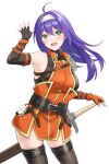  1girl :d ahoge armpits bare_shoulders belt blush breasts cowboy_shot dress fingerless_gloves fire_emblem fire_emblem:_path_of_radiance fire_emblem:_radiant_dawn fire_emblem_heroes gloves green_eyes hairband hand_on_hilt hand_up headband highres large_breasts long_hair looking_at_viewer mia_(fire_emblem) open_mouth purple_hair sheath sheathed simple_background sleeveless sleeveless_dress smile solo sword takaneko thighhighs weapon white_background white_hairband zettai_ryouiki 