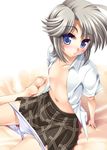  bad_id bad_pixiv_id barefoot blue_eyes blush ezomori_nozomu feet flat_chest ichijou_hitoshi kanokon open_clothes open_shirt panties panty_pull shirt short_hair silver_hair skirt solo underwear 