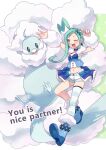  1girl altaria blue_footwear boots english_text engrish_text fluffy green_eyes green_hair lisia_(pokemon) mega_altaria mega_pokemon mega_stone midriff navel one_eye_closed pokemon pokemon_(creature) pokemon_oras ranguage remotarou shorts smile solid_oval_eyes tail 