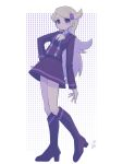  1girl ace_trainer_(pokemon) blonde_hair boots breasts closed_mouth frown full_body hair_ornament hand_on_own_hip high_heel_boots high_heels highres knee_boots long_hair long_sleeves medium_breasts miniskirt no_nose noi_(noi_pk27) pokemon pokemon_xy purple_eyes purple_footwear purple_skirt single_horizontal_stripe skirt solo 
