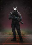  anthro armor body_armor canid canine canis dark_face geometric_background grid_background gun hi_res holographic_sight knife looking_at_viewer male mammal marsonaut military pattern_background ranged_weapon rifle shoulder_pads silencer simple_background soldier solo special_forces star warrior weapon wolf 