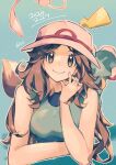  1girl 2024 absurdres asatte_3z bare_arms bare_shoulders breasts brown_eyes brown_hair closed_mouth dated eevee hand_up hat highres leaf_(pokemon) long_hair looking_at_viewer medium_breasts mew_(pokemon) outline parted_bangs pikachu pokemon pokemon_(creature) pokemon_frlg porkpie_hat smile split_mouth striped_background white_hat white_outline 