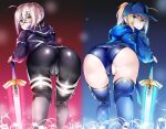  ahoge artoria_pendragon_(fate) ass baseball_cap bent_over bike_shorts black_hat black_jacket black_shorts black_thighhighs blonde_hair blue_eyes blue_jacket blue_scarf blue_thighhighs blush braid excalibur_(fate/stay_night) fate/grand_order fate_(series) french_braid glasses hair_between_eyes hair_bun hat highres himitsucalibur_(fate) hood hooded_jacket jacket len_(hand_linke) long_hair long_sleeves looking_at_viewer looking_back mysterious_heroine_x_(fate) mysterious_heroine_x_alter_(fate) mysterious_heroine_x_alter_(second_ascension)_(fate) ponytail scarf short_shorts shorts sidelocks sword thighhighs thighs weapon yellow_eyes 