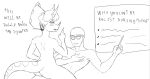  2024 3_horns 5_fingers anthro bald black_and_white board breasts butt cavemanon_studios ceratopsian dialogue dinosaur duo english_text eyelashes eyewear female female_on_human female_on_top fingers frill_(anatomy) goodbye_volcano_high hair horn human human_on_anthro i_wani_hug_that_gator inco_(iwhtg) interspecies long_tail male male/female male_on_anthro male_on_human mammal monochrome multi_horn nude on_top open_mouth ornithischian prometheuzone reptile scalie sex short_hair sketch snout sunglasses tail text triceratops trish_(gvh) 