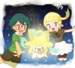  1boy 1girl blonde_hair bonnie_(pokemon) brown_eyes collared_shirt glasses grey_eyes haru_yanagi_(nntiebiinkn) jirachi max_(pokemon) pokemon pokemon:_jirachi:_wish_maker pokemon_(anime) pokemon_(creature) pokemon_rse_(anime) pokemon_xy_(anime) shirt star_(sky) star_(symbol) tanabata 