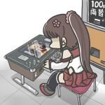  1girl arcade_cabinet black_thighhighs brown_hair change_machine coin commentary_request ferret-san flower from_behind hair_flower hair_ornament kantai_collection long_hair playing_games pleated_skirt red_skirt sitting skirt solo thighhighs yamato_(kancolle) 