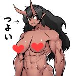  1girl abs absurdres arrow_(symbol) asha biceps black_eyes black_hair breasts censored censored_nipples closed_mouth commentary_request completely_nude dark-skinned_female dark_skin expressionless heart heart_censor highres horns large_breasts long_hair looking_afar medium_bangs muscular muscular_female nude obliques original simple_background skin-covered_horns solo translation_request tusks upper_body v-shaped_eyebrows wavy_hair white_background 