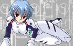  1girl arm_support ayanami_rei blue_hair blush bodysuit breasts circuit closed_mouth count_zero dithering english_commentary full_body gloves grey_background hair_between_eyes interface_headset light_smile looking_at_viewer lying medium_breasts neon_genesis_evangelion non-web_source on_side pc-98_(style) pilot_suit pixel_art plugsuit red_eyes short_hair sitting skin_tight smile solo thigh_gap third-party_source white_bodysuit white_gloves yokozuwari 