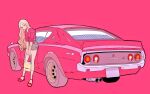  1girl bag blonde_hair car grey_skirt head_tilt high-waist_skirt holding holding_bag kouki_(ky1202281) long_hair looking_at_viewer motor_vehicle muscle_car nissan nissan_skyline nissan_skyline_c110 nissan_skyline_gt-r original parted_hair pink_background pink_car pink_hair pink_theme red_footwear skirt smile solo vehicle_focus very_long_hair 