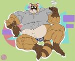  2024 anthro belly big_belly brown_body bulge burropaleta clothing green_background hi_res male mammal musclegut muscular navel overweight overweight_male procyonid raccoon rascal_(robot_dreams) robot_dreams shirt simple_background smile solo topwear underwear 