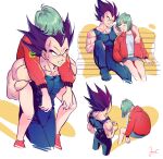  1boy 1girl amachu_a aqua_hair arm_around_neck beer_can bench blue_footwear bulma can carrying closed_eyes commentary_request covered_abs dragon_ball dragon_ball_z drink_can drunk highres holding holding_can jacket miniskirt muscular muscular_male pectorals piggyback purple_hair red_jacket shoes sitting skirt sleeping sneakers sweat vegeta widow&#039;s_peak 