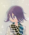  1boy ? black_scarf blush_stickers brown_background buttons chain checkered_clothes checkered_scarf danganronpa_(series) danganronpa_v3:_killing_harmony double-breasted hair_between_eyes highres jacket long_sleeves looking_to_the_side male_focus multicolored_buttons oma_kokichi parted_lips purple_eyes purple_hair scarf short_hair simple_background solo triangle two-tone_scarf upper_body white_jacket white_scarf white_sleeves yomoda_(7taizai7bitoku) 
