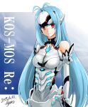  1girl armored_leotard blue_hair breasts character_name closed_mouth core_crystal_(xenoblade) dated elbow_gloves gloves hisin kos-mos kos-mos_re: leotard long_hair looking_at_viewer medium_breasts red_eyes signature solo very_long_hair white_gloves white_leotard xenoblade_chronicles_(series) xenoblade_chronicles_2 xenosaga 
