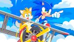  2boys absurdres aircraft airplane animal_ears artist_request bad_source biplane blue_eyes blue_sky fox_ears fox_tail furry furry_male green_eyes highres male_focus multiple_boys official_art open_mouth outdoors pointing sky sonic_(series) sonic_the_hedgehog tail tails_(sonic) third-party_source tornado_(airplane)_(sonic) 