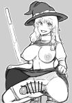  1girl bar_censor blackstick128 blush bow braid breasts broom censored clothes_lift commentary_request erection futanari greyscale grin hair_bow hat hat_bow highres kirisame_marisa large_breasts large_penis lifted_by_self long_hair looking_at_viewer monochrome nipples panties panties_around_one_leg penis puffy_short_sleeves puffy_sleeves shirt shirt_lift shoes short_sleeves simple_background single_braid skirt skirt_lift smile solo squatting touhou turtleneck turtleneck_shirt underwear vest vest_lift witch_hat 
