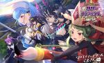  5girls black_gloves black_hair black_thighhighs blue_eyes blue_hair blurry blurry_background blush braid breasts calligraphy_brush cleavage commentary creature dagger day double_bun dress eljudnir_(oshiro_project) enma-chou_(oshiro_project) field floating floating_object fur_hairband giant giantess gloves gradient_hair gradient_horns green_hair grey_hair hair_between_eyes hair_bun hat hecatie_(sennen_sensou_aigis) heterochromia high-low_skirt holding holding_calligraphy_brush holding_dagger holding_knife holding_paintbrush holding_staff holding_weapon horns knife large_breasts lens_flare logo looking_afar midair midriff mirror monster_musume_td multicolored_hair multicolored_horns multiple_girls multiple_horns narcepafne_(monmusu_td) navel off-shoulder_dress off_shoulder official_art open_mouth oshiro_project:re paintbrush ponytail purple_hair red_eyes reverse_grip rinne_(sennen_sensou_aigis) sennen_sensou_aigis staff sunlight sunrise thighhighs twintails two_side_up weapon 
