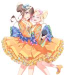  2girls ;d absurdres back_bow blue_bow blue_eyes bow bow-shaped_hair brown_hair chestnut_mouth feet_out_of_frame foot_out_of_frame frilled_skirt frills fujishima_megumi hair_bow hair_ornament hairclip half_up_braid highres holding holding_microphone identity_(love_live!) japanese_clothes kimono koiori leg_up link!_like!_love_live! long_sleeves love_live! microphone mira-cra_park! multiple_girls one_eye_closed open_mouth orange_footwear orange_kimono orange_skirt osawa_rurino purple_eyes shoes short_hair_with_long_locks sidelocks simple_background skirt smile teeth upper_teeth_only virtual_youtuber white_background 