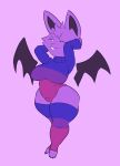  absurd_res anthro bat bat_wings bisexual_pride_colors breasts clothed clothing female freckled_face freckles fur hands_behind_head head_tuft hi_res legwear lgbt_pride looking_at_viewer mammal membrane_(anatomy) membranous_wings one_eye_closed plum_(latchk3y) pride_colors purple_body purple_fur simple_background smile solo sweater thick_thighs thigh_highs toonarscontent topwear tuft voluptuous_female wide_hips wings 