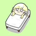  1girl :3 assault_lily bed blanket blonde_hair blush chibi closed_eyes closed_mouth commentary full_body green_background hair_ribbon highres konpeitoull_(c12h22o11_tr_6) long_hair luise_ingels lying on_back on_bed pillow ribbon simple_background sleeping smile solo under_covers white_ribbon 
