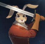  anthro basil_stag_hare_(redwall) clothed clothing hi_res lagomorph leporid male mammal medieval melee_weapon mr.solar rabbit redwall solo standing sword weapon 