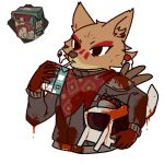  anthro armor blood bodily_fluids canid canine canis clothed clothing coyote drinking female headgear helmet hi_res jacket kerchief laika_(laika_aged_through_blood) laika_aged_through_blood mammal neckerchief sibuleisi simple_background solo topwear white_background 