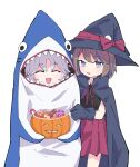  2girls :d absurdres aged_down airi_kanna animal_costume ayatsuno_yuni behind_another black_shirt blue_cloak blue_gloves blue_hair blue_hat blush bow candy candy_cane cloak closed_eyes commentary_request cowboy_shot dot_nose facing_viewer fang food gloves grey_hair halloween_costume hat highres holding holding_another&#039;s_arm holding_food holding_pumpkin holding_vegetable jack-o&#039;-lantern lollipop looking_at_viewer miniskirt morphling_(artist) multicolored_hair multiple_girls open_mouth pleated_skirt pumpkin purple_eyes raised_eyebrows red_bow red_ribbon red_skirt ribbon shark_costume shirt short_hair simple_background skin_fang skirt smile stellive streaked_hair swept_bangs swirl_lollipop vegetable virtual_youtuber white_background witch_hat 