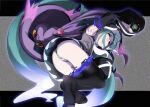  1girl armpits ass bare_shoulders black_sleeves black_thighhighs blue_hair colored_sclera colored_skin crossover dusk_ball film_grain from_below fu-ta ghost glowing grey_shirt hatsune_miku holding holding_poke_ball long_hair long_sleeves looking_at_viewer misdreavus panties pleated_skirt poke_ball pokemon pokemon_(creature) purple_skin red_eyes shirt skirt static striped_clothes striped_panties thighhighs twintails underwear very_long_hair vocaloid yellow_sclera 