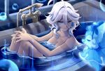  1girl ahoge bathtub blue_eyes bubble commentary faucet furina_(genshin_impact) genshin_impact hair_intakes highres knees_up laubun nude parted_lips partially_submerged short_hair sitting solo water white_hair 