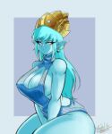  1girl :c absurdres aeos_(dragon_ball) areola_slip arms_between_legs bare_shoulders blue_eyes blue_hair blue_skin blue_sweater breasts closed_mouth colored_skin commission covered_nipples dragon_ball dragon_ball_heroes earrings from_side highres huge_breasts jewelry long_hair looking_at_viewer meme_attire nexx_art pointy_ears potara_earrings signature simple_background solo sweater swept_bangs tiara turtleneck turtleneck_sweater virgin_killer_sweater 