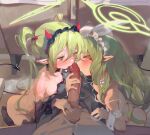  1boy 2girls ass black_pants black_tail black_wrist_cuffs blue_archive breast_press breasts censored cooperative_fellatio detached_sleeves erection fake_horns fellatio ffm_threesome green_hair green_halo group_sex hair_between_eyes halo handjob hetero highres hikari_(blue_archive) horns licking licking_penis long_hair long_sleeves looking_at_viewer mosaic_censoring multiple_girls nipples nozomi_(blue_archive) nude oral pants penis pointy_ears pov sidelocks small_breasts threesome tongue tongue_out twintails villainchin white_wrist_cuffs wrist_cuffs 