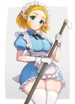  1girl absurdres alternate_costume apron blonde_hair blue_dress braid cowboy_shot dress enmaided frilled_apron frills gonzarez green_eyes grey_background highres holding holding_mop jewelry long_hair looking_at_viewer maid maid_apron maid_headdress mop pointy_ears princess_zelda puffy_short_sleeves puffy_sleeves short_sleeves simple_background solo the_legend_of_zelda the_legend_of_zelda:_tears_of_the_kingdom thick_thighs thighhighs thighs twitter_username unconventional_maid waist_apron white_apron white_thighhighs zettai_ryouiki 