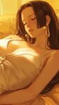  1girl 617393melody bare_shoulders black_hair boa_hancock breasts cleavage closed_eyes commentary dress earrings english_commentary highres jewelry long_hair lying on_back one_piece parted_lips sleeping snake_earrings solo white_dress 