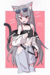  1girl :d absurdres animal_charm animal_ear_fluff animal_ear_piercing animal_ears armpit_crease bag_charm bare_shoulders black_bag black_choker black_tail black_tank_top blush border breasts cat_ears cat_girl cat_tail charm_(object) choker clenched_hand collarbone colored_inner_animal_ears commentary_request cropped_legs dot_nose earrings eyewear_on_head fang gradient_tail grey_hair grey_pants grey_tail hair_intakes hair_over_shoulder halterneck hand_up head_tilt heart highres hip_vent jacket jewelry long_hair long_sleeves looking_at_viewer midriff morphling_(artist) multicolored_hair navel neneko_mashiro off_shoulder open_mouth outside_border pants panty_straps pink_background rabbit_charm raised_eyebrows red_eyes red_hair sidelocks single_earring single_strap skin_fang small_breasts smile solo stellive strap streaked_hair sunglasses swept_bangs tail tank_top thick_eyelashes turning_head very_long_hair virtual_youtuber white_border white_jacket 