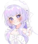  +_+ 1girl beret blush bow closed_mouth commentary cropped_torso dot_nose dress frilled_dress frilled_sleeves frills hashtag-only_commentary hat jewelry leech_(leecchie) long_sidelocks looking_at_viewer necklace nexas_(vtuber) purple_eyes purple_hair short_sleeves sketch smile solo virtual_youtuber white_background white_bow white_dress white_hat 