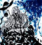  1girl abstract bags_under_eyes blue_background dress hat highres komeiji_koishi long_hair long_sleeves monochrome no_nose non-web_source open_mouth reverinth skirt smile solo source_request third_eye touhou very_long_hair 