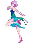  blue_dress dancer dancer_(final_fantasy) dancing dress final_fantasy final_fantasy_v flower green_eyes green_sash hair_flower hair_ornament high_heels highres lenna_charlotte_tycoon pink_hair sash short_hair ura_dora 