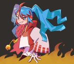  1girl blue_eyes blue_hair blush cropped_torso fire_miku_(project_voltage) gloves hatsune_miku headphones highres jewelry long_hair long_sleeves looking_at_viewer necklace pokemon ponytail project_voltage red_pupils shirt solo ukata vocaloid white_gloves white_shirt 