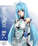  1girl armored_leotard blue_hair breasts character_name closed_mouth core_crystal_(xenoblade) dated elbow_gloves gloves hisin kos-mos kos-mos_re: leotard long_hair looking_at_viewer medium_breasts no_headgear red_eyes signature solo very_long_hair white_gloves white_leotard xenoblade_chronicles_(series) xenoblade_chronicles_2 xenosaga 