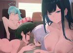  1boy 4girls arius_squad_(blue_archive) atsuko_(blue_archive) black_hair blue_archive blue_eyes blue_hair breasts brown_eyes censored cleavage collarbone completely_nude fellatio green_eyes green_hair grey_hair hair_between_eyes hair_over_one_eye highres hiyori_(blue_archive) large_breasts licking licking_penis long_hair misaki_(blue_archive) mosaic_censoring multiple_girls nev_(nevblindarts) nipples nude open_mouth oral penis pussy red_eyes saori_(blue_archive) short_hair side_ponytail spread_pussy 