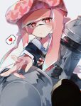  1girl absurdres baseball_cap gun hat heart highres holding holding_gun holding_weapon inkling inkling_girl inkling_player_character long_hair looking_at_viewer mozmilk nautilus_(splatoon) o3o pink_hair pink_hat pointy_ears red_eyes simple_background solo splatoon_(series) splatoon_3 spoken_heart tentacle_hair v weapon white_background 