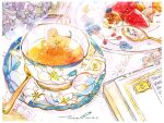  book cup dated drink food food_focus fruit no_humans original painting_(medium) plate saucer spoon steam strawberry tea teacup tina_(tinashan2) traditional_media watercolor_(medium) 