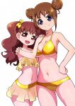  2girls alternate_breast_size arm_around_shoulder ass_visible_through_thighs bikini bikini_skirt blue_eyes breasts brown_hair cleavage closed_mouth commentary double_bun frilled_bikini frills hair_bun hair_ribbon halterneck hand_on_own_hip hands_on_another&#039;s_shoulder highres kanie_(precure) long_hair looking_at_viewer medium_breasts multiple_girls navel ookuma_(precure) open_mouth precure red_eyes ribbon ryuuta_(cure_ryuuta) short_hair side-by-side simple_background small_breasts smile standing swimsuit two_side_up white_background wonderful_precure! yellow_bikini yellow_ribbon 