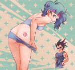  1boy 1girl amachu_a ass ass_tattoo bent_over black_hair blue_bra blue_eyes blue_hair bra breasts bulma butt_crack commentary_request dragon_ball dragon_ball_z hairband highres medium_breasts muscular muscular_male panties panty_pull pink_hairband shaded_face strapless strapless_bra tattoo underwear vegeta 