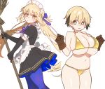  2girls ahoge artoria_caster_(fate) artoria_pendragon_(fate) bare_shoulders bikini blonde_hair blush blush_stickers breasts broom chibi cleavage collarbone dress ebora fate/grand_order fate_(series) gareth_(fate) gloves green_eyes hair_flaps highres large_breasts long_hair looking_at_viewer maid multiple_girls navel pantyhose short_hair small_breasts swimsuit thighs twintails 