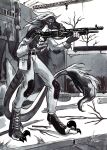  action_pose anthro black_and_white breasts claws clothed clothing detailed_background dinosaur dromaeosaurid elvirarecrud feathers feet female fingers four-fingers furgonomics gas_mask gun hi_res holding_gun holding_object holding_ranged_weapon holding_weapon ink mask melody_(user_55) monochrome outside pointing_gun pose post-apocalyptic ranged_weapon reptile ruins s.t.a.l.k.e.r. scales scalie shotgun sky solo spas-12 standing stripes tail talons theropod toes traditional_media_(artwork) velociraptor weapon 