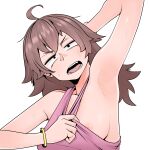  1girl absurdres ahoge armpits asha bangle black_eyes bracelet breasts brown_hair commentary_request highres jewelry looking_at_viewer medium_bangs medium_hair nipple_slip nipples open_mouth original pink_tank_top presenting_armpit simple_background solo sweat tank_top upper_body white_background 