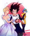  1boy 2girls amachu_a aqua_hair arm_grab armor bikini_(dragon_ball) black_eyes black_hair blonde_hair blue_eyes boots breasts broken_armor bulma cleavage commentary_request constricted_pupils dragon_ball dragon_ball_z dress gloves hairband highres holding_hands long_dress medium_breasts medium_hair mother_and_daughter multiple_girls red_hairband short_hair sweat vegeta white_dress white_gloves 