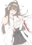  1girl ahoge brown_hair cowboy_shot detached_sleeves gold_hairband hairband heart heart_hands highres kantai_collection kongou_(kancolle) long_hair nontraditional_miko one_eye_closed open_mouth simple_background smile solo white_background white_sleeves zekkyon 