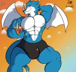  abs absurd_res anthro bandai_namco bottomwear bulge clothing digimon digimon_(species) egg exveemon hi_res horn male muscular nipples pecs raccoon_mints shorts solo thigh_gap wings 